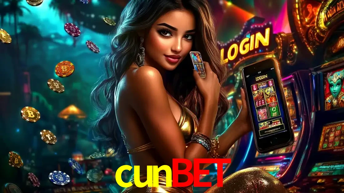 Mulher em um cenário de cassino temático de aventura, mostrando o app de caça-níqueis da cunbet no celular. Fichas de apostas flutuam ao redor.