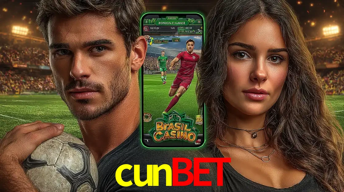 Homem segurando uma bola de futebol e uma mulher ao lado de um smartphone exibindo o jogo de apostas esportivas da cunbet. Faça seu palpite no cassino online.